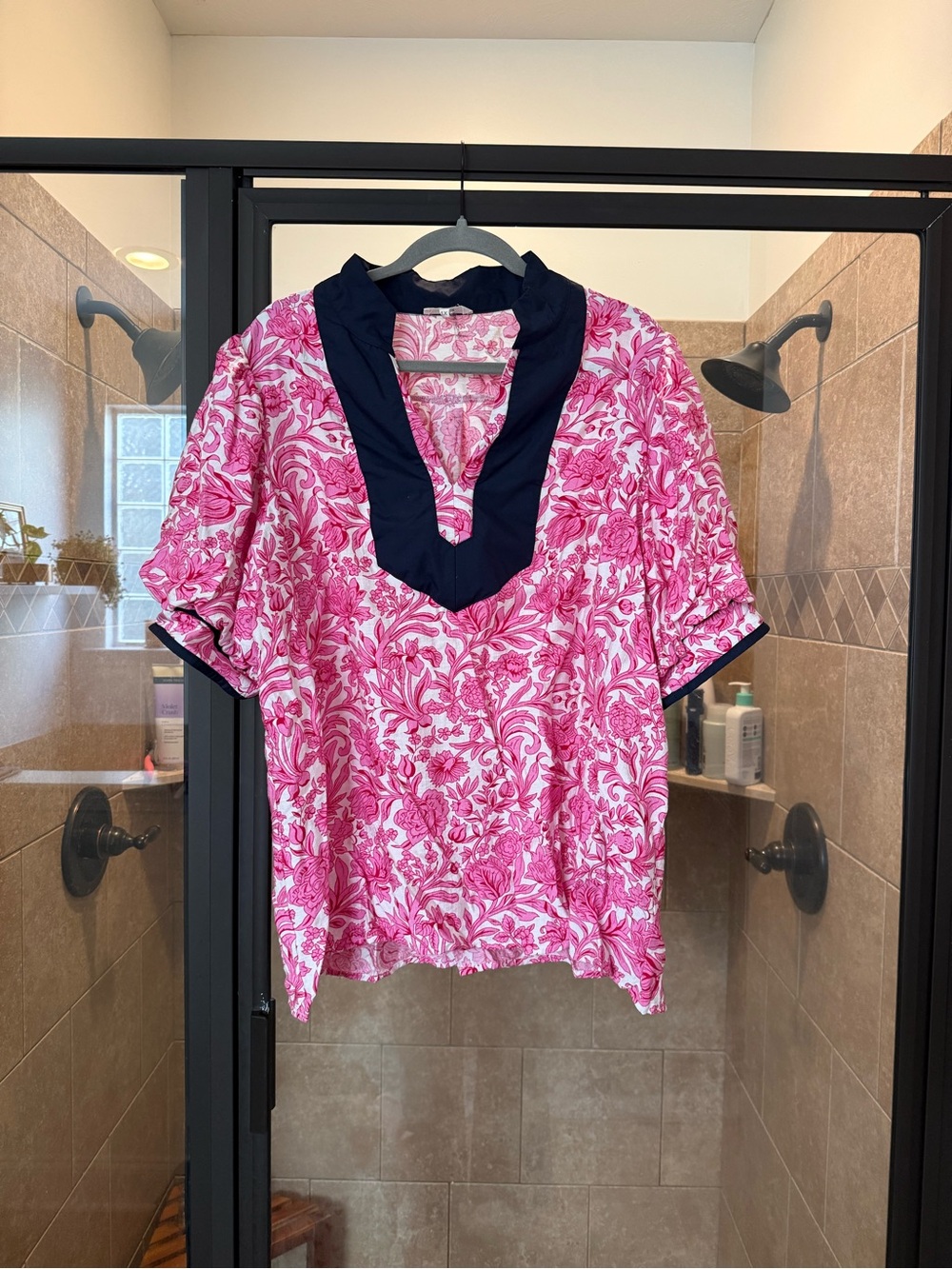 entro Fuchsia Floral Top with Navy V-Placket